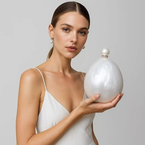 Elegante Bolso De Noche De Acrílico Y Perlas Artificiales Bolso De Mano Ovalado Textura De Concha Con Cadena De Perlas Artificiales Para Boda Banquete Mujeres