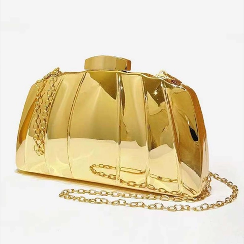 Sac De Soirée Femme Coque Rigide Métallique Design Plissé Chaîne Amovible Sac À Main Pour Mariage Fête Banquet