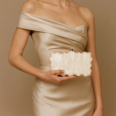 Pochette Da Sera In Acrilico Perla Artificial Marmo Bordo Ondulato Motivo A Onde Chiusura In Metallo Dorato Matrimonio Formale Festa Donne