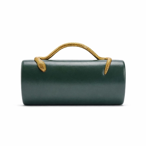 Cylinder Evening Bag PU Leather With Snake Metal Handle Retro Luxury Clutch For Women Crossbody With Chain Strap