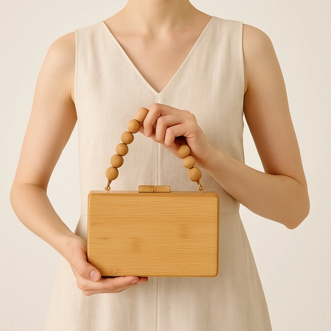 Handmade Bamboo Wood Evening Clutch Bag Wooden Beaded Handle Rectangular Hard Shell Box Purse Vintage Boho For Women