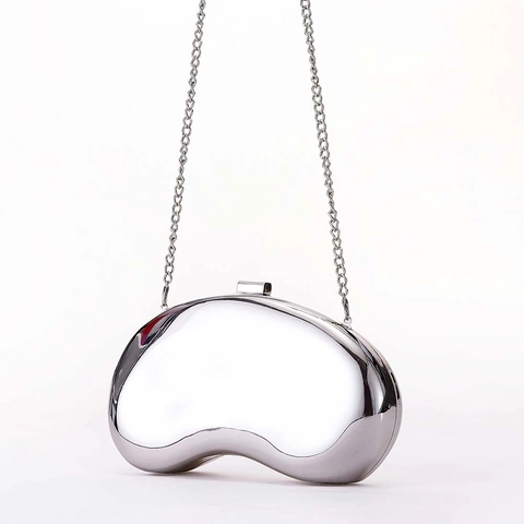 Abendtasche Clutch Bohnenform Poliertes Metall Spiegelglanz Hartschale Party Handtasche Mit Abnehmbarer Kette Damen