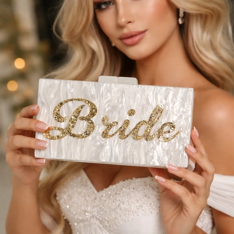 Pochette Da Sera In Acrilico Texture Perla Artificial Marmo Scritta Bride Glitter Matrimonio Festa Borsa A Mano Con Catena