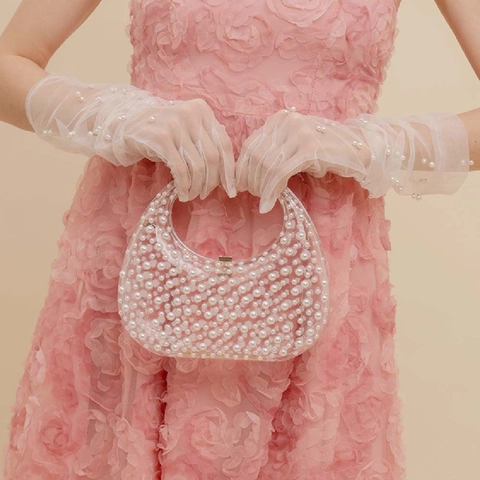 Borsa Da Sera In Acrilico Trasparente Con Künstliche Perle Sintetiche Pochette Mezzaluna Con Tracolla A Catena Per Donna