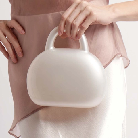Elegante Bolso De Noche De Acrílico Blanco Perla Artificial Para Mujer Bolso De Mano Ovalado Minimalista Con Correa De Cadena Desmontable