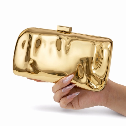 Metallic Mirror Evening Clutch Bag Wave Texture Hard Shell Crossbody Purse With Detachable Chain Strap