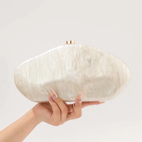 Acrylic Marble Texture Evening Clutch Bag Women Hard Shell Kidney Shape Handbag With Metal Chain Strap Vintage Style