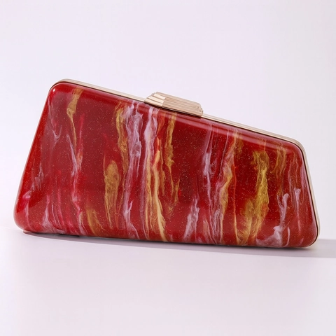 Acryl Avondtas Clutch Marmer Textuur Asymmetrisch Trapezium Harde Schaal Handtas Met Gouden Hardware Voor Dames Feest