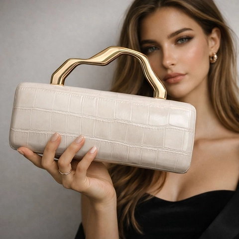 Crocodile Pattern PU Leather Evening Clutch Bag With Gold Wave Metal Handle And Chain Strap For Women Party
