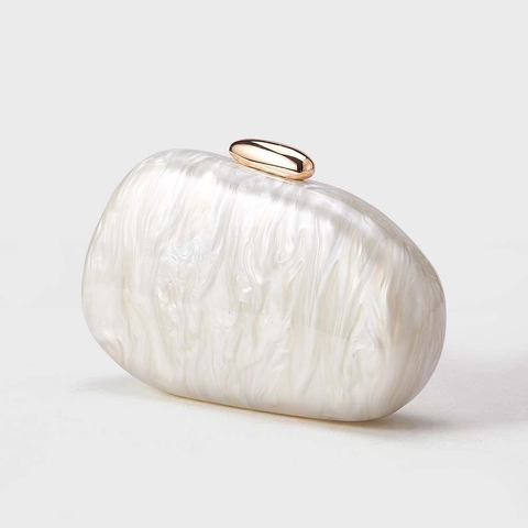 Acrylic Marble Texture Evening Clutch Bag Hard Shell Oval Pebble Shape With Chain Strap For Women Wedding Party
