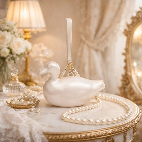Creative Duck Shaped Acrylic Evening Clutch Bag Pearlescent Hard Shell With Artificial Pearl Chain Strap For Women Wedding Banquet