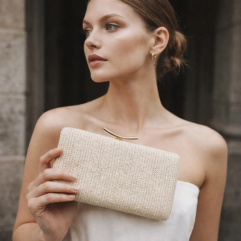 Pochette de Soirée Tissée Femme Texture Paille Coque Rigide Sac à Main Fermoir Doré Banquet Fête Mariage Sac