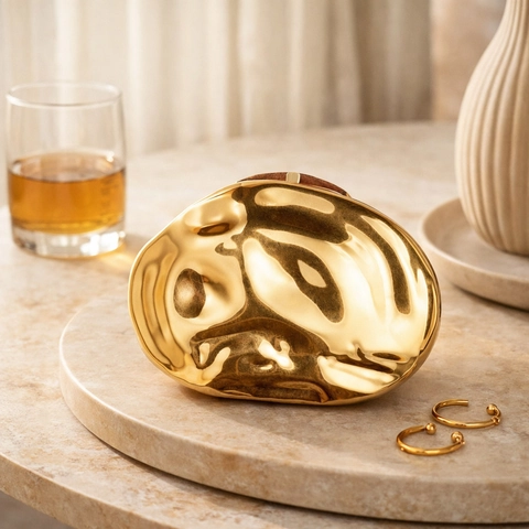 Irregular Pebble Gold Evening Clutch Bag Metallic Mirror Finish Acrylic Party Handbag With Chain Strap For Women