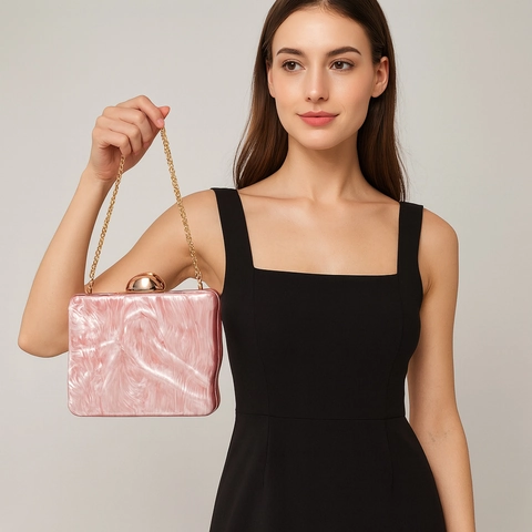 Acrylic Marble Pattern Evening Clutch Bag With Metal Ball Clasp And Detachable Chain Strap For Women Wedding Party Luxury
