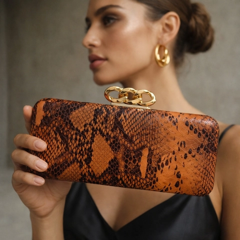 Snake Skin Pattern PU Leather Evening Clutch Bag Gold Chain Clasp Hard Shell Box Crossbody Purse For Women