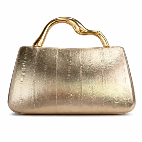 Women Evening Bag PU Leather Golden Wave Metal Handle Vertical Grain Chic Elegant Crossbody Handbag