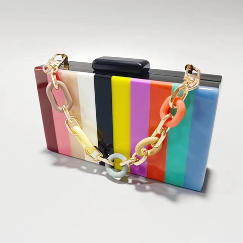 Colorful Rainbow Striped Acrylic Evening Clutch Bag Vintage Hard Shell Rectangular Party Purse Removable Chain For Women