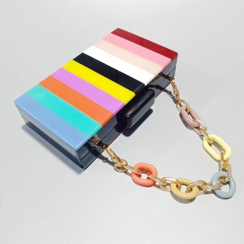 Colorful Rainbow Striped Acrylic Evening Clutch Bag Vintage Hard Shell Rectangular Party Purse Removable Chain For Women