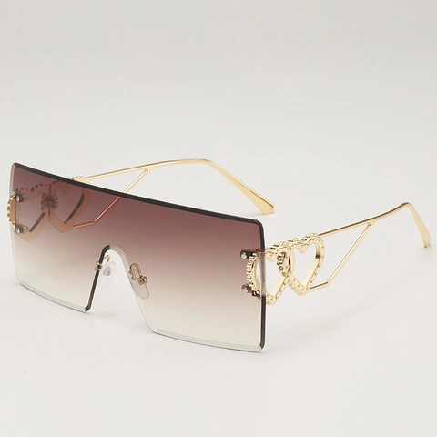 Oversized Rimless Square Sunglasses Metal Heart Hollow Temple UV400 Fashion Tinted Lens Eyewear For Women