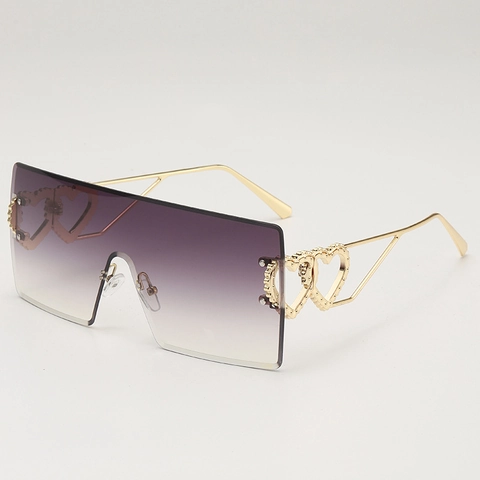 Oversized Rimless Square Sunglasses Metal Heart Hollow Temple UV400 Fashion Tinted Lens Eyewear For Women