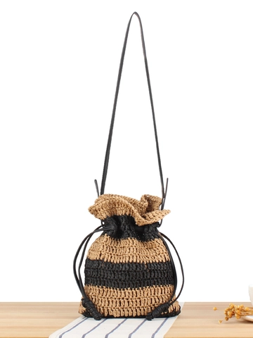 Borsa A Secchiello Intrecciata Da Donna Righe Paglia Di Carta Coulisse Borsa A Spalla Vacanza Mare Stile Casual