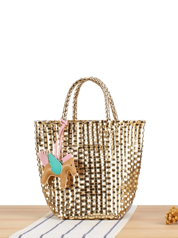 Women Woven Tote Bag Metallic PVC Handcrafted Handbag With Horse Charm For Beach Holiday Daily Use Fashionable Versatile