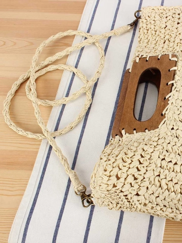 Halbkreis Gewebte Papier Stroh Umhängetasche Holzgriff Sommer Strand Urlaub Boho Lässig Mode Für Damen