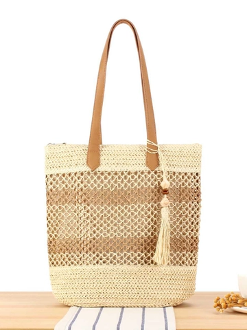 Gewebte Tragetasche Stroh Strandurlaub Handtasche Papiermaterial Mit PU-Ledergriffen Holzperlen Quaste Sommer Mode Damen