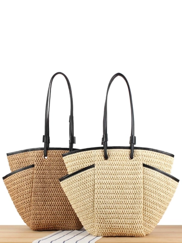 Papiere Stroh Web-Tote-Bag Große Kapazität Schultertasche Mit Reißverschluss PU Lederbesatz Frauen Strand Urlaub