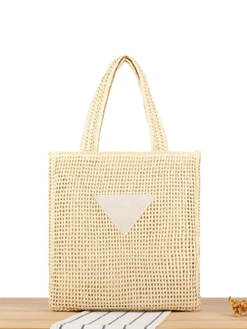 Hand Woven Paper Straw Tote Bag Large Capacity Beach Vacation Shoulder Bag Zipper Closure Minimalist Leisure For Women