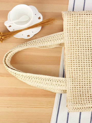 Hand Woven Paper Straw Tote Bag Large Capacity Beach Vacation Shoulder Bag Zipper Closure Minimalist Leisure For Women