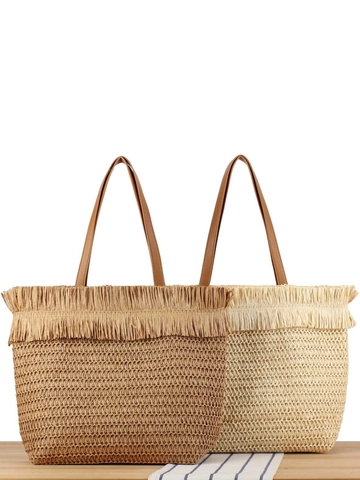 Gewebte Papiertragetasche Mit Fransensaum PU Leder Schultergurten Böhmische Urlaubs Casual Schultertasche Für Damen
