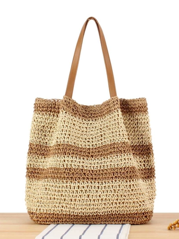 Borsa Tote Intrecciata Da Donna Grande Capacità Borsa A Spalla In Paglia Di Carta A Righe Con Manico In Pelle PU Vacanza