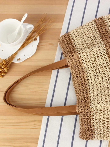 Borsa Tote Intrecciata Da Donna Grande Capacità Borsa A Spalla In Paglia Di Carta A Righe Con Manico In Pelle PU Vacanza