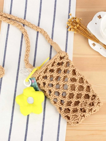 Handmade Woven Cotton Rope Phone Bag Mini Crossbody Purse With Flower Charm Boho Style For Women