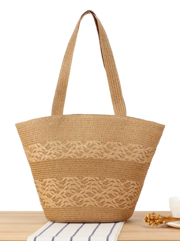 Gewebte Papierstroh Tragetasche Große Kapazität Wellenmuster Strandurlaub Mode Schulterhandtasche Für Damen