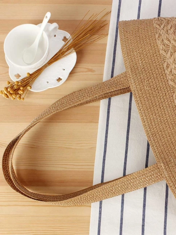 Gewebte Papierstroh Tragetasche Große Kapazität Wellenmuster Strandurlaub Mode Schulterhandtasche Für Damen