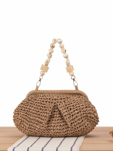 Gewebte Strohhandtasche Mit Marmorierten Harzperlengriff Mode Wolke Clutch Tasche Für Frauen Strandurlaub Elegant