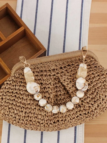 Gewebte Strohhandtasche Mit Marmorierten Harzperlengriff Mode Wolke Clutch Tasche Für Frauen Strandurlaub Elegant