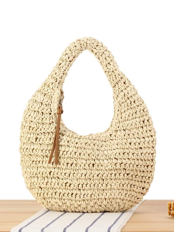 Women Straw Woven Handbag Paper Straw Hobo Half Moon Bag Beach Vacation Summer Solid Color Zipper Leather Tassel