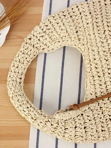 Women Straw Woven Handbag Paper Straw Hobo Half Moon Bag Beach Vacation Summer Solid Color Zipper Leather Tassel