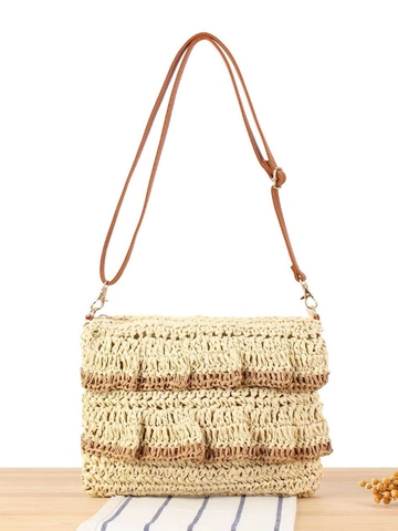 Stroh Umhängetasche Gewebtes Papier Mit Rüschen Sommer Strandurlaub Schultertasche Verstellbarer PU Gurt Für Damen