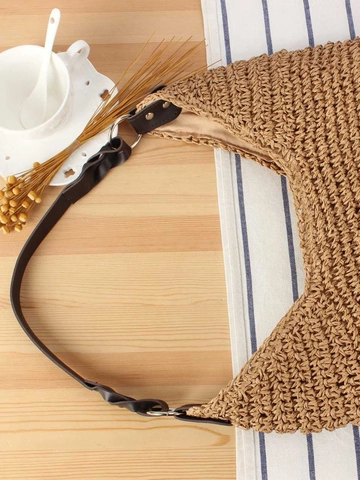 Papier Stroh Gewebte Hobo Tasche Mit PU Leder Twist Schultergurt Große Kapazität Reißverschluss Lässig Strand Urlaub Handtasche