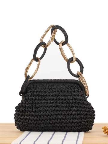 Woven Straw Handbag Paper Material Chunky Chain Handle Black Gold Rings Clip Closure Cloud Shape Beach Holiday Women