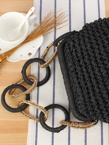 Woven Straw Handbag Paper Material Chunky Chain Handle Black Gold Rings Clip Closure Cloud Shape Beach Holiday Women