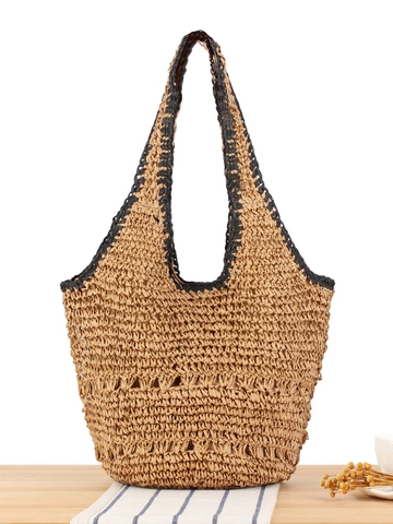 Handgefertigte Gewebte Schultertasche Aus Papierstroh Mit Schwarzem Kontrastrand Große Kapazität Lässige Strandtasche Für Damen