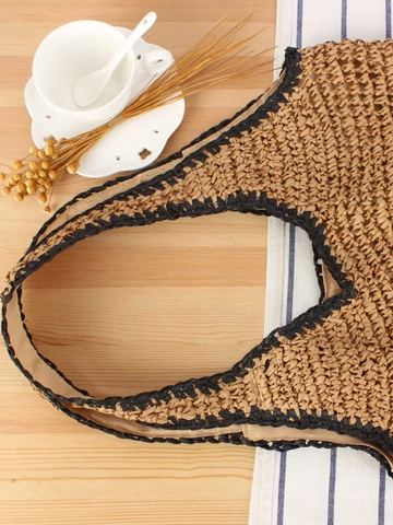 Handgefertigte Gewebte Schultertasche Aus Papierstroh Mit Schwarzem Kontrastrand Große Kapazität Lässige Strandtasche Für Damen