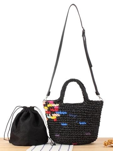 Borsa A Secchiello Intrecciata A Mano Paglia Carta Motivo Punti Colorati Con Pochette Interna Coulisse Tracolla Regolabile