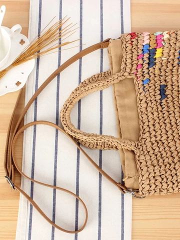 Borsa A Secchiello Intrecciata A Mano Paglia Carta Motivo Punti Colorati Con Pochette Interna Coulisse Tracolla Regolabile