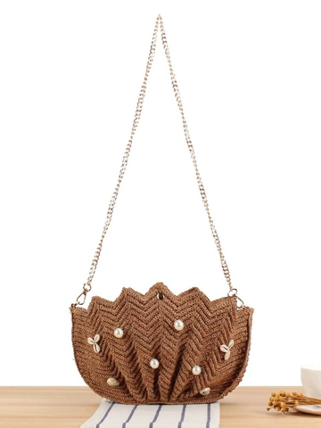 Sac À Bandoulière En Paille De Raphia Tissé À La Main Avec Décorations De Künstliche Perles Coquillages Chaîne Dorée Style Plage